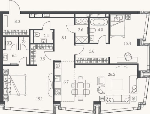 Планировка: 3-к, 108,4 м²