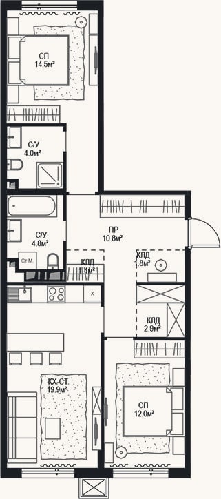 Планировка: 3-к, 70,5 м²