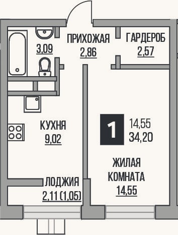 Планировка: 1-к, 32,1 м²