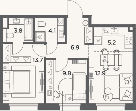 Планировка: 3-к, 56,4 м²