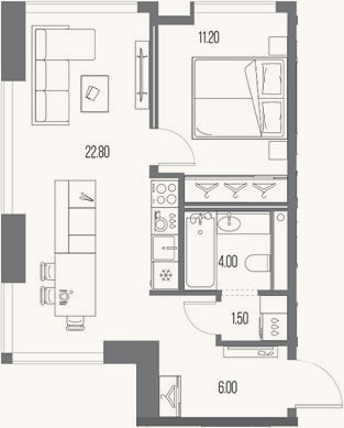 Планировка: 1-к, 45,5 м²