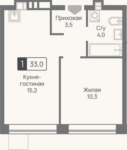 Планировка: 2-к, 33 м²