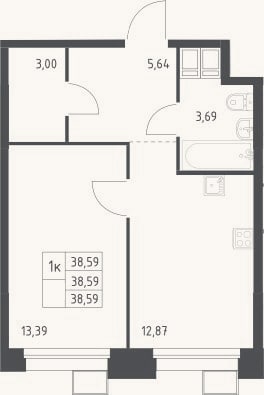 Планировка: 1-к, 38,6 м²