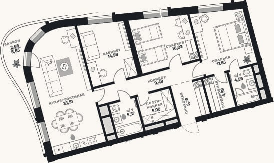 Планировка: 4+ к, 117 м²