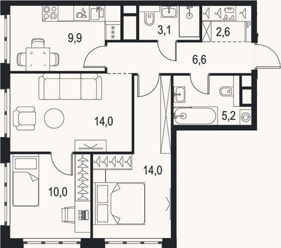 Планировка: 3-к, 65,4 м²