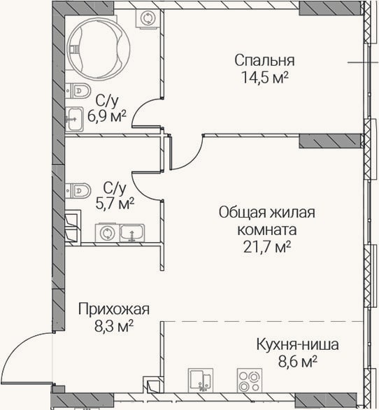 Планировка: 2-к, 65,7 м²