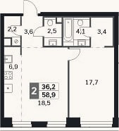 Планировка: 2-к, 58,9 м²