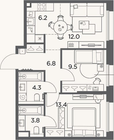 Планировка: 3-к, 56 м²