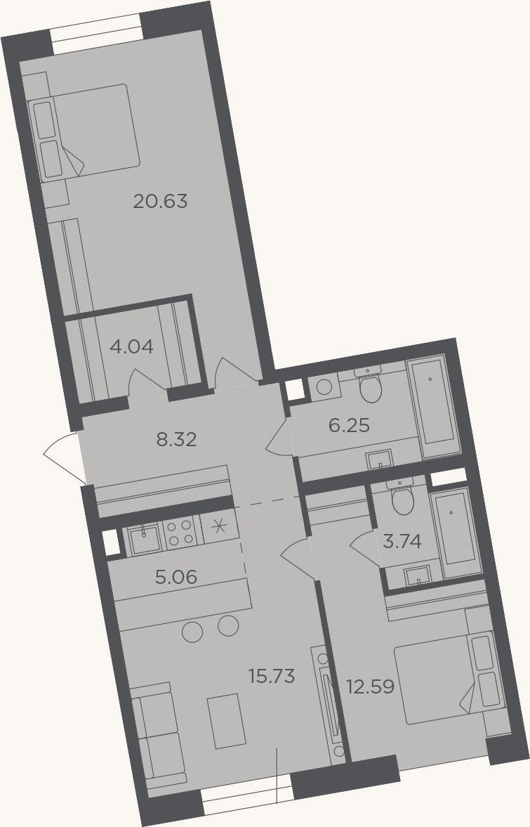Планировка: 3-к, 76,4 м²