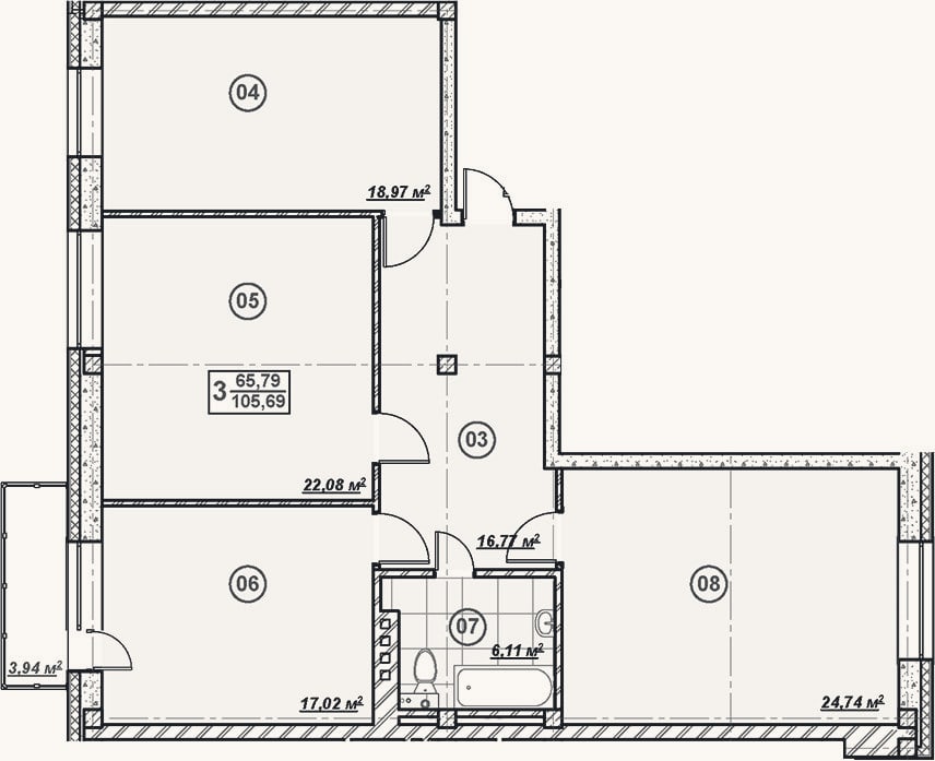 Планировка: 3-к, 105,9 м²