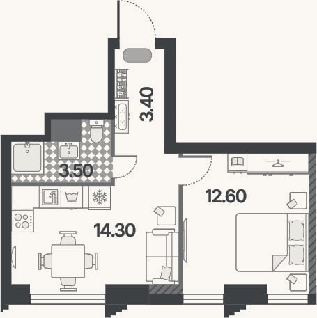 Планировка: 2-к, 33,8 м²