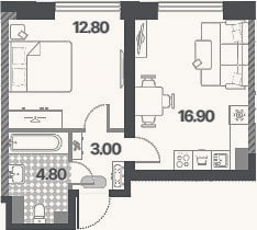Планировка: 2-к, 37,5 м²