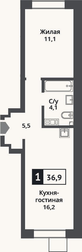 Планировка: 2-к, 36,9 м²