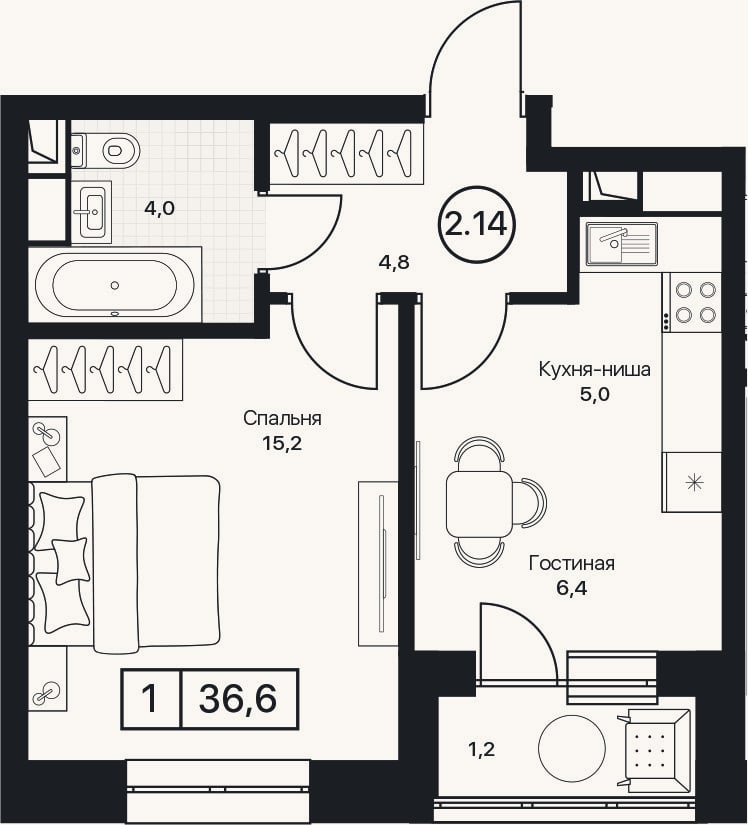 Планировка: 1-к, 35,4 м²