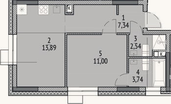 Планировка: 1-к, 38,5 м²