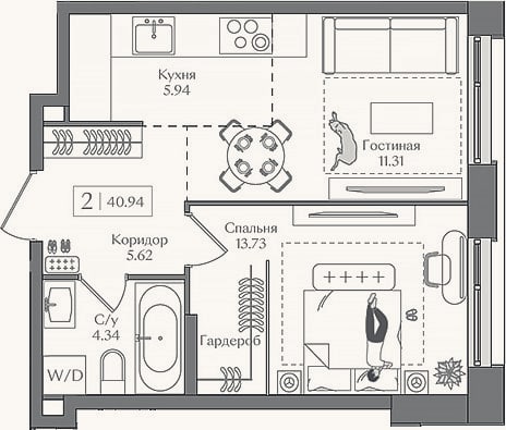 Планировка: 2-к, 40,9 м²