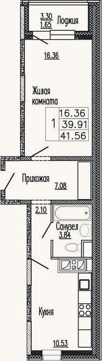 Планировка: 1-к, 41,3 м²