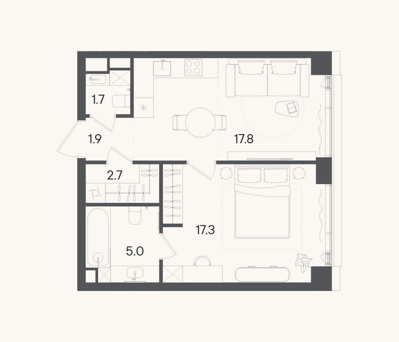 Планировка: 2-к, 46,4 м²