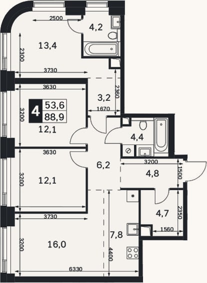 Планировка: 4+ к, 88,9 м²