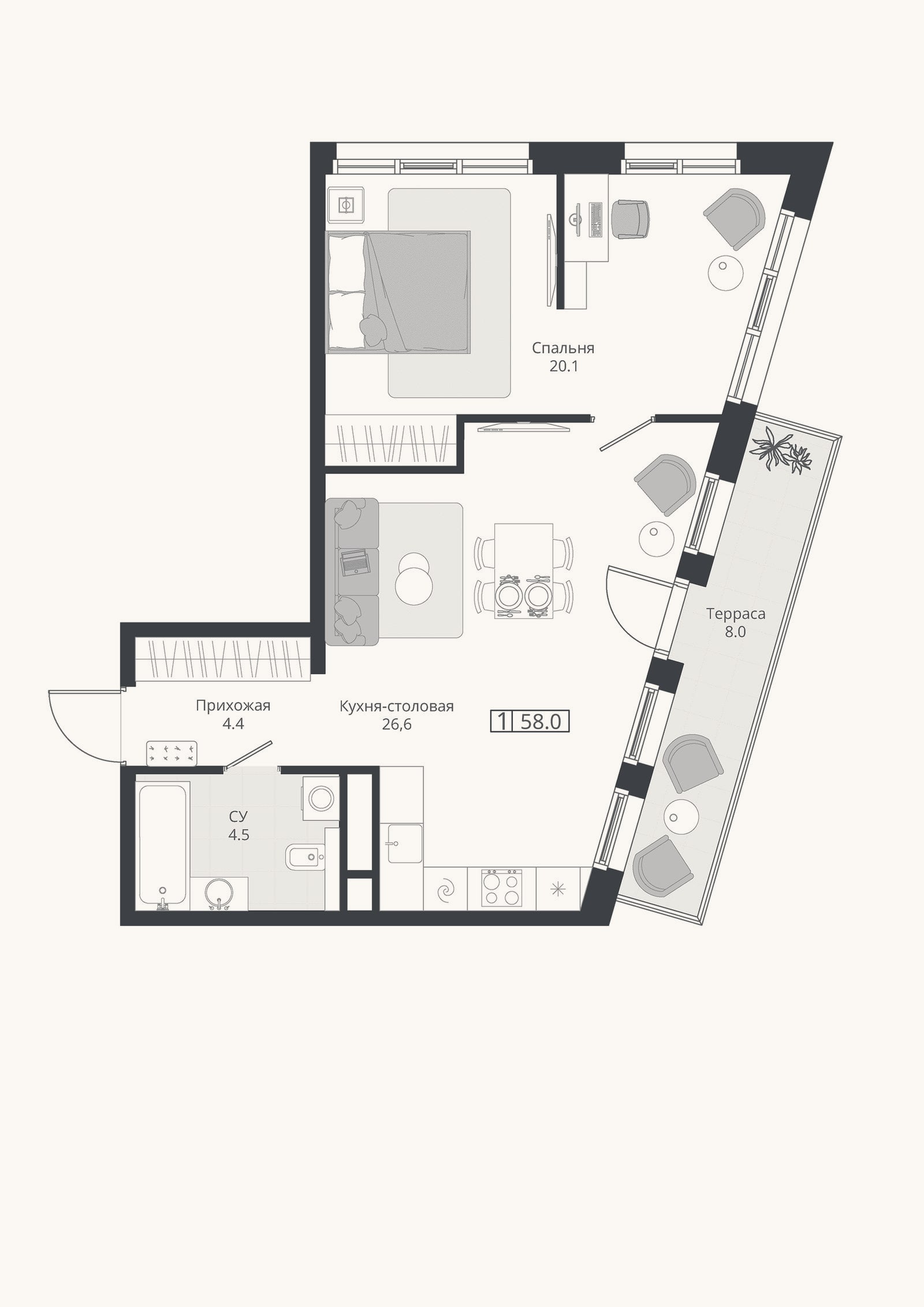 Планировка: 2-к, 55,6 м²