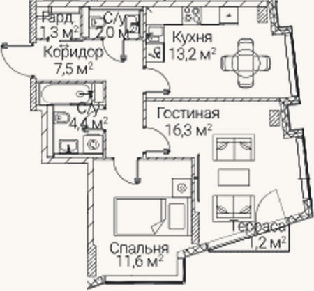 Планировка: 2-к, 56,3 м²