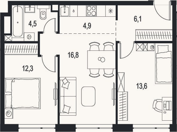 Планировка: 3-к, 58,2 м²