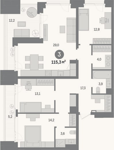 Планировка: 3-к, 97,9 м²