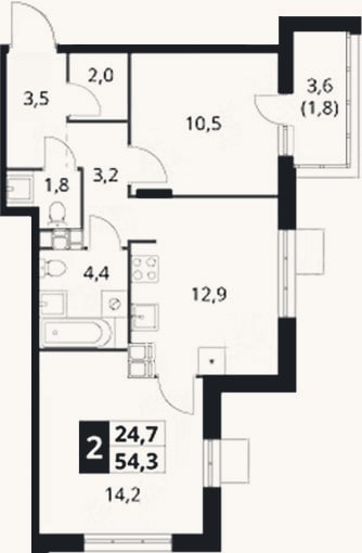 Планировка: 2-к, 52,5 м²