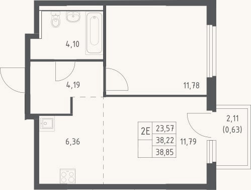 Планировка: 2-к, 38,2 м²