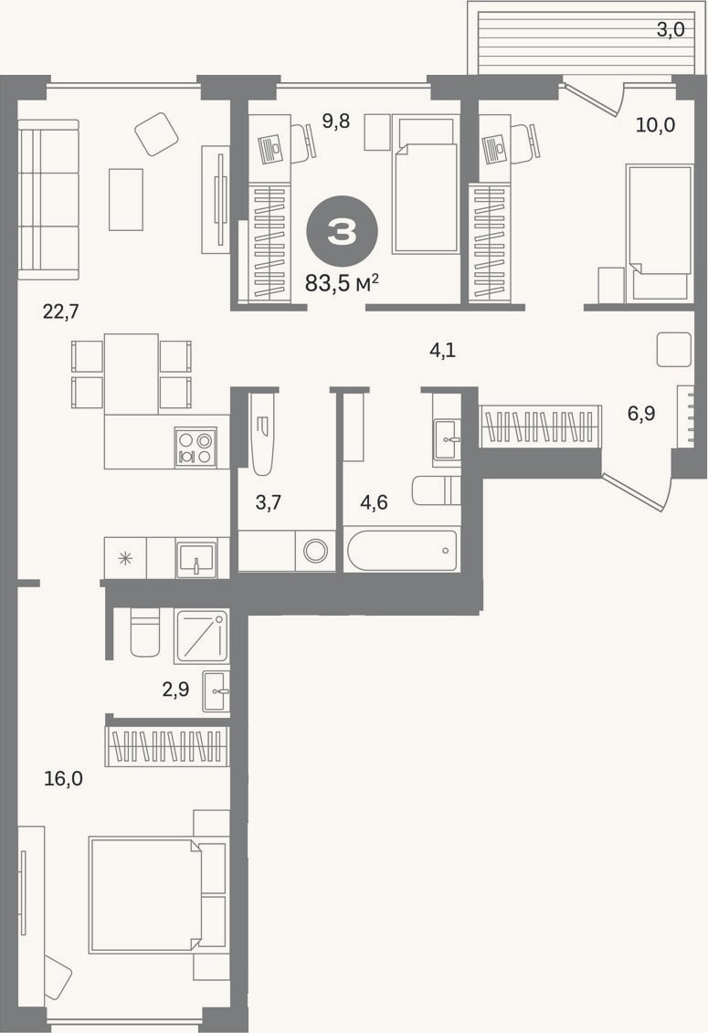 Планировка: 3-к, 80,5 м²