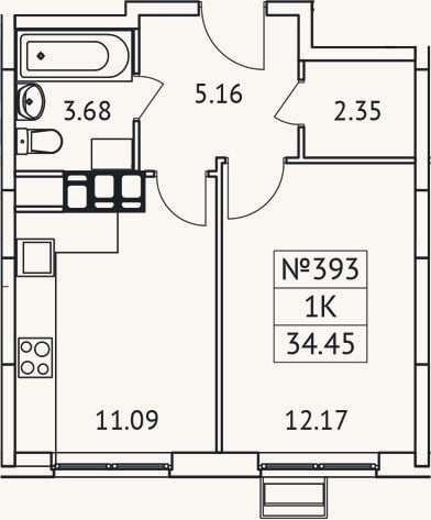 Планировка: 1-к, 34,5 м²