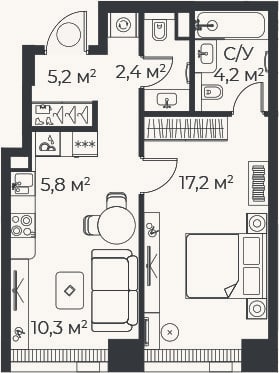 Планировка: 2-к, 45 м²
