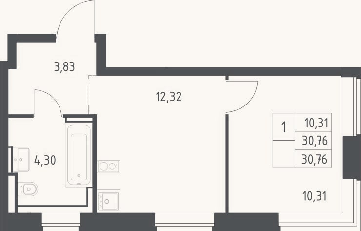 Планировка: 1-к, 30,8 м²