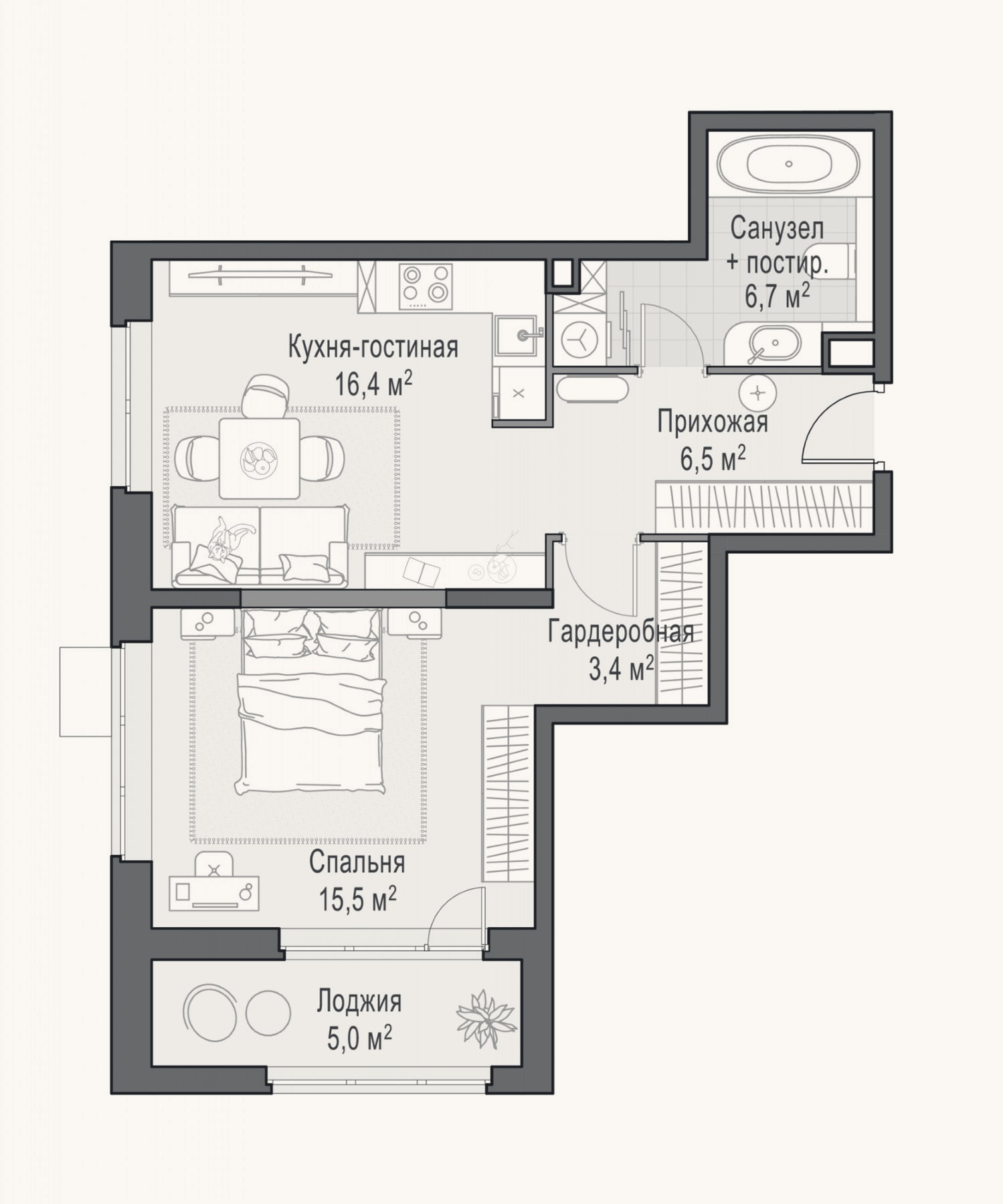 Планировка: 2-к, 46,2 м²