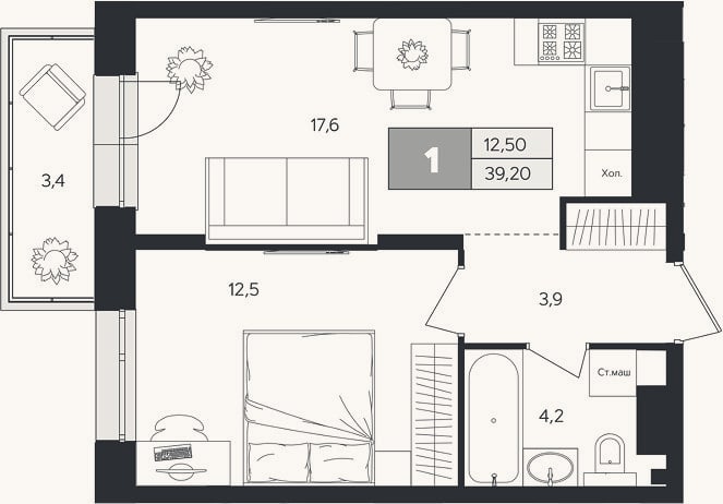 Планировка: 1-к, 38,2 м²