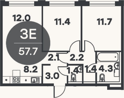 Планировка: 3-к, 57,7 м²