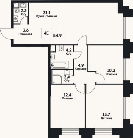 Планировка: 4+ к, 84,9 м²