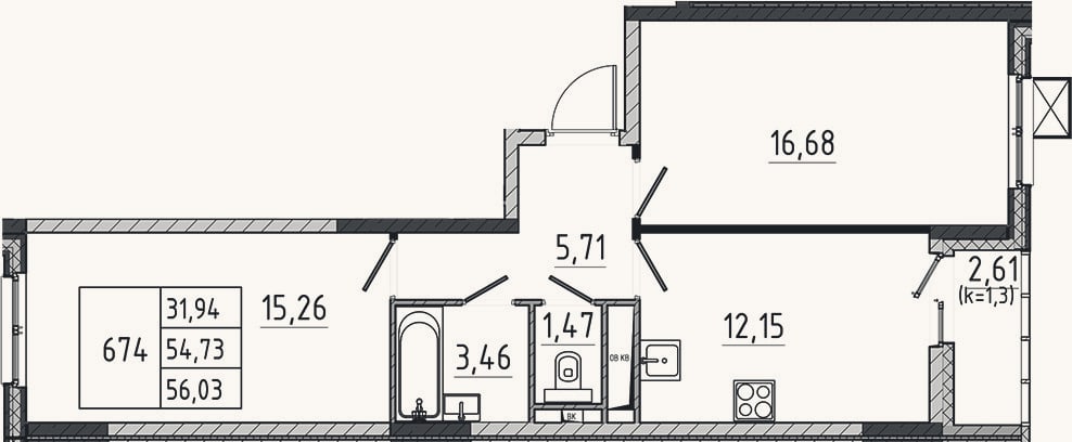 Планировка: 2-к, 54,7 м²