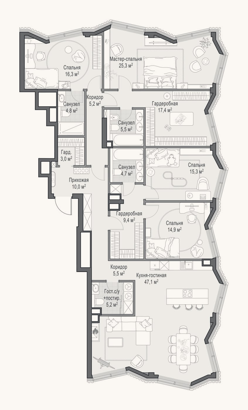 Планировка: 4+ к, 190 м²