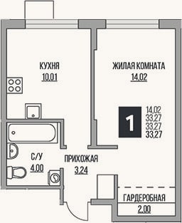 Планировка: 2-к, 33,3 м²