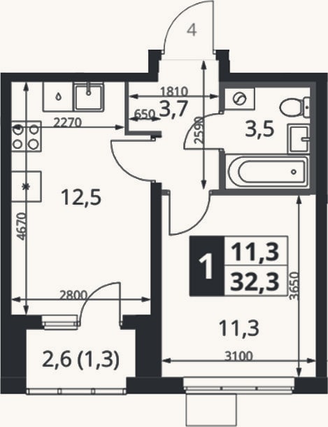 Планировка: 1-к, 31 м²
