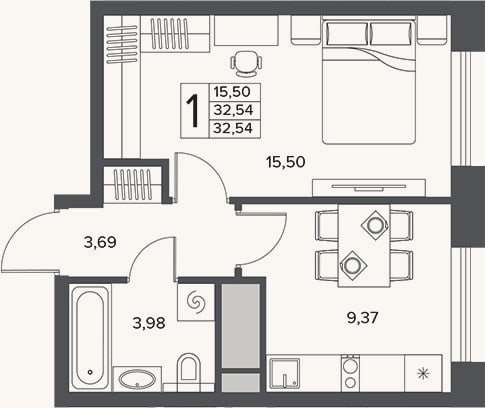 Планировка: 1-к, 32,5 м²