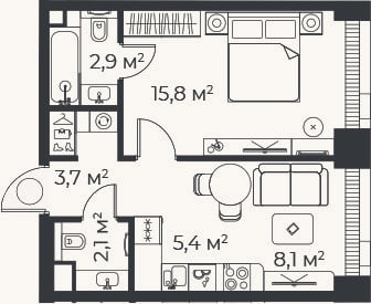Планировка: 2-к, 38 м²