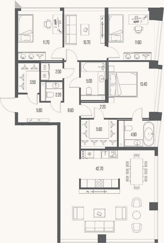 Планировка: 3-к, 129,9 м²
