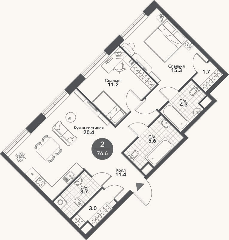 Планировка: 3-к, 76,6 м²