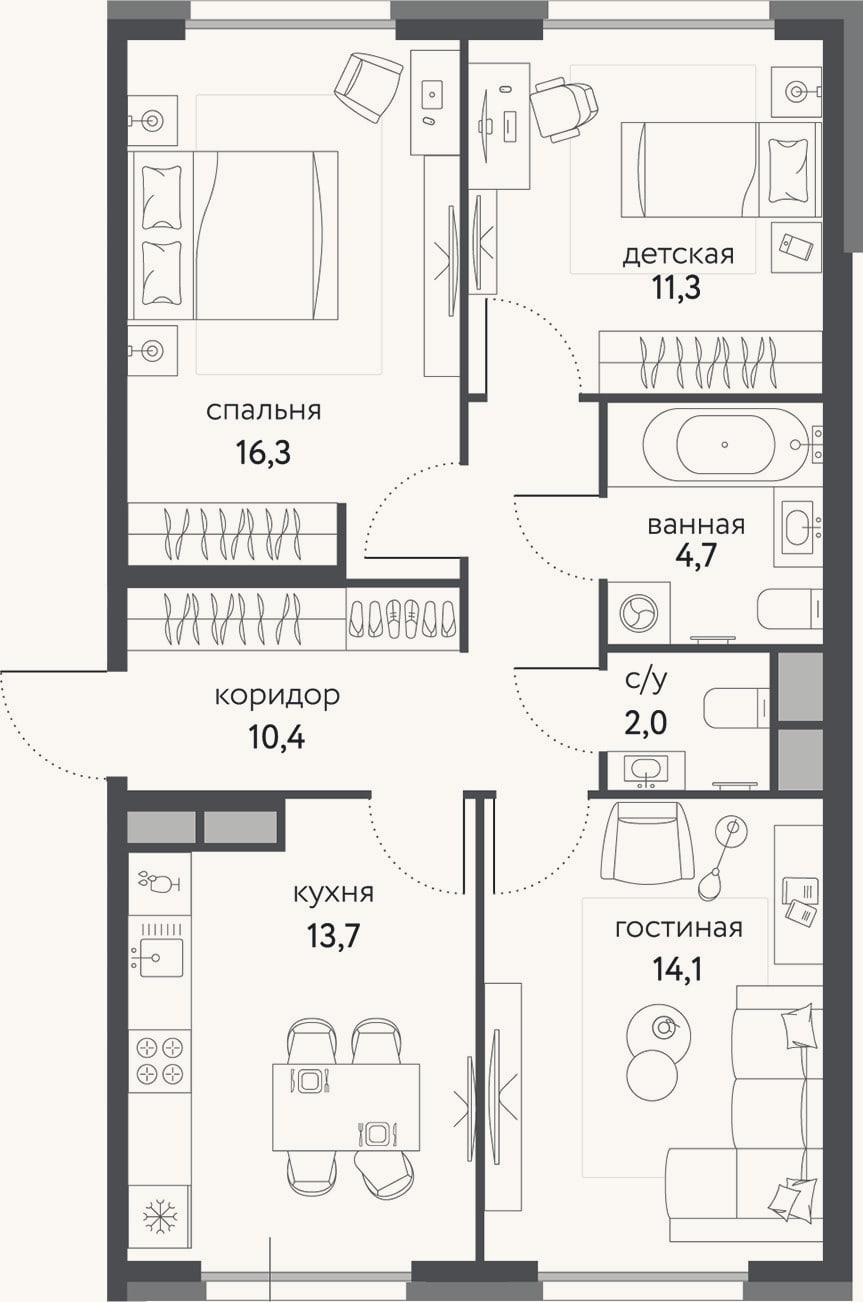 Планировка: 3-к, 72,5 м²