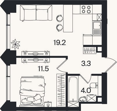 Планировка: 2-к, 38 м²