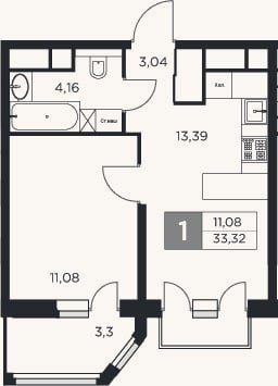 Планировка: 1-к, 31,7 м²