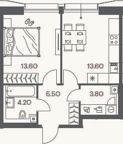 Планировка: 1-к, 40,7 м²
