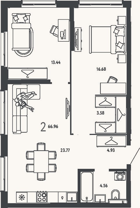 Планировка: 2-к, 67 м²
